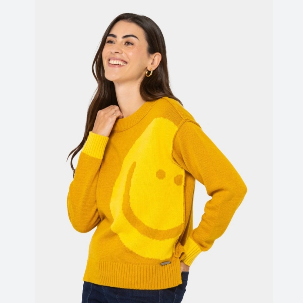 Peace Love World Intarsia Yellow Smiley Face Oversized‎ Sweater, Size 5X